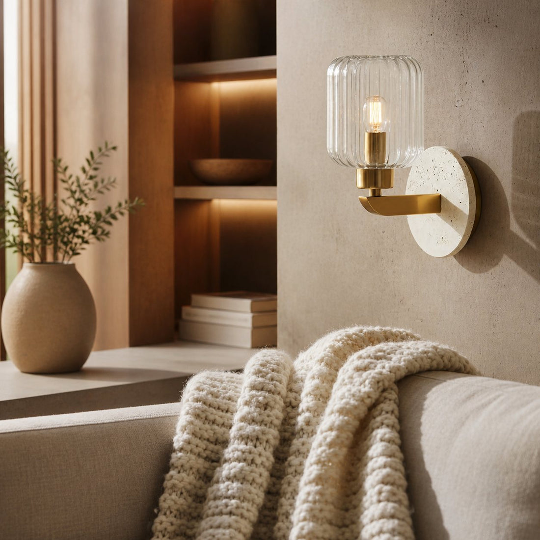Korlisse Modern Marble Wall Light - Vintage Brass & Clear Glass Accent for Living Room and Hallway