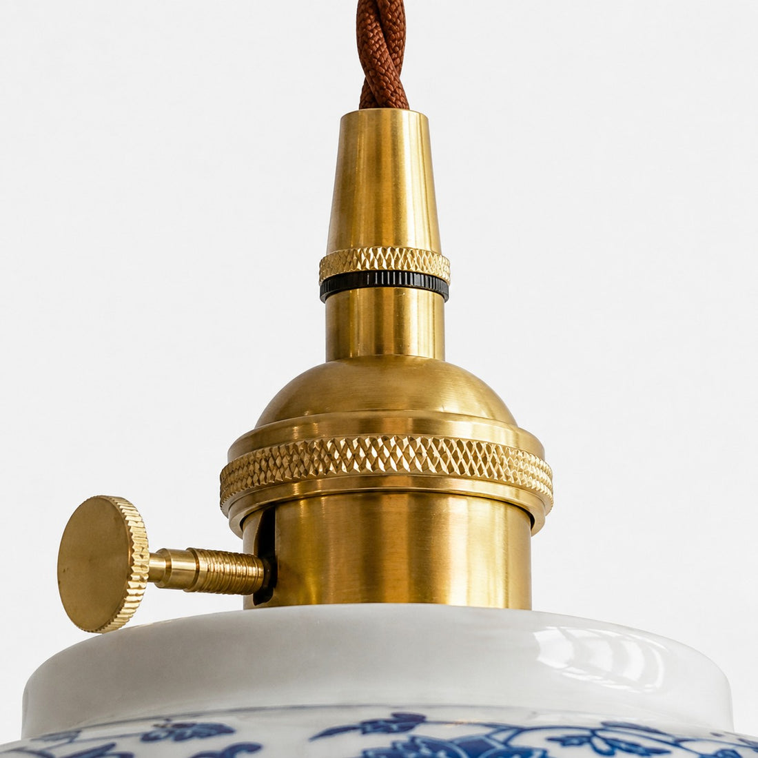 Blue And White Ceramic Pendant Light with Brass Accents