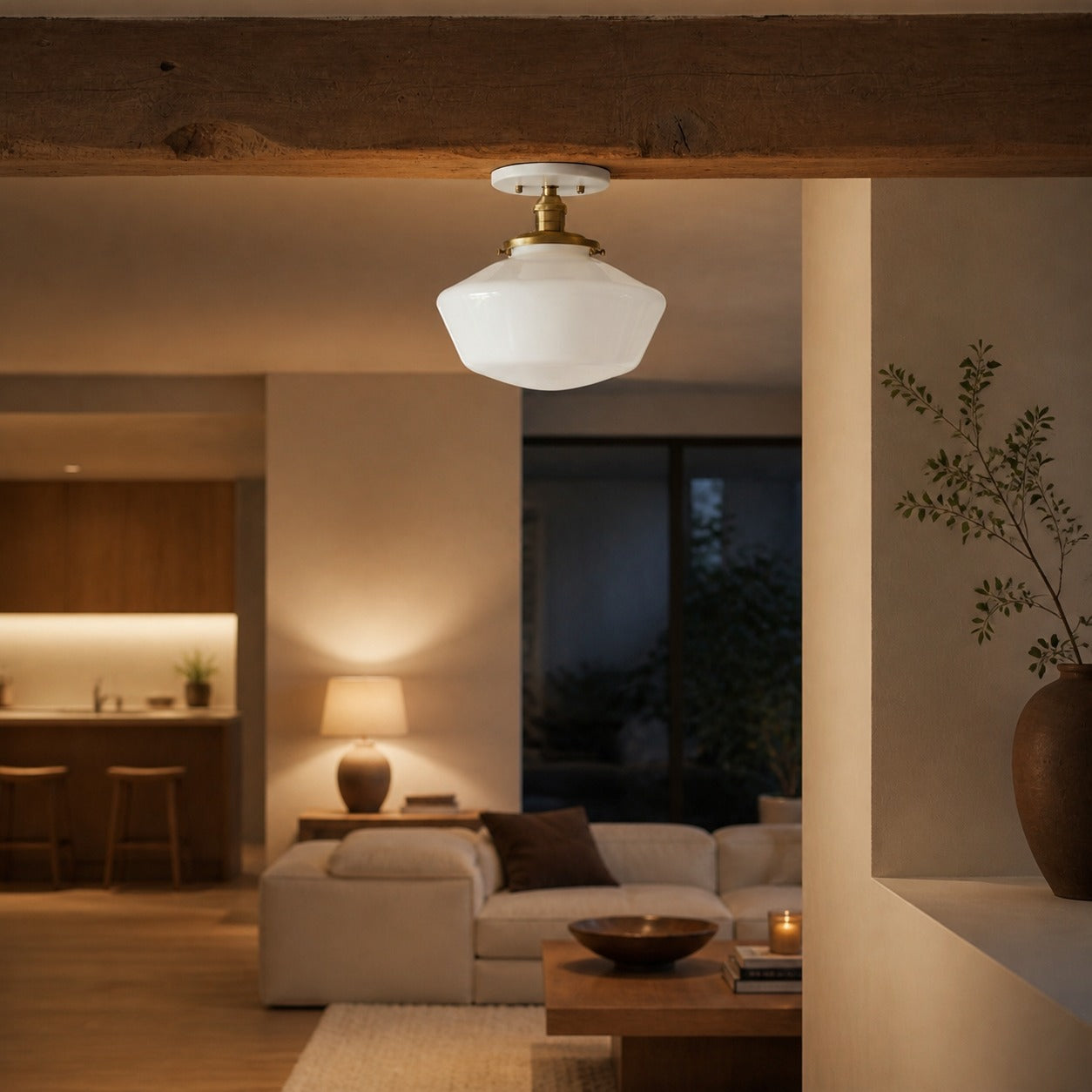Geotower Glass Brass Ceiling Light - Opal Glass Schoolhouse Shade - Modern Elegance