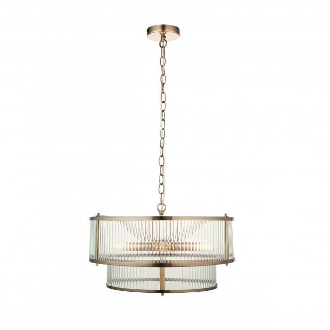 Two Tiered Ribbed Glass Pendant Lamp – Antique Brass Metal Light