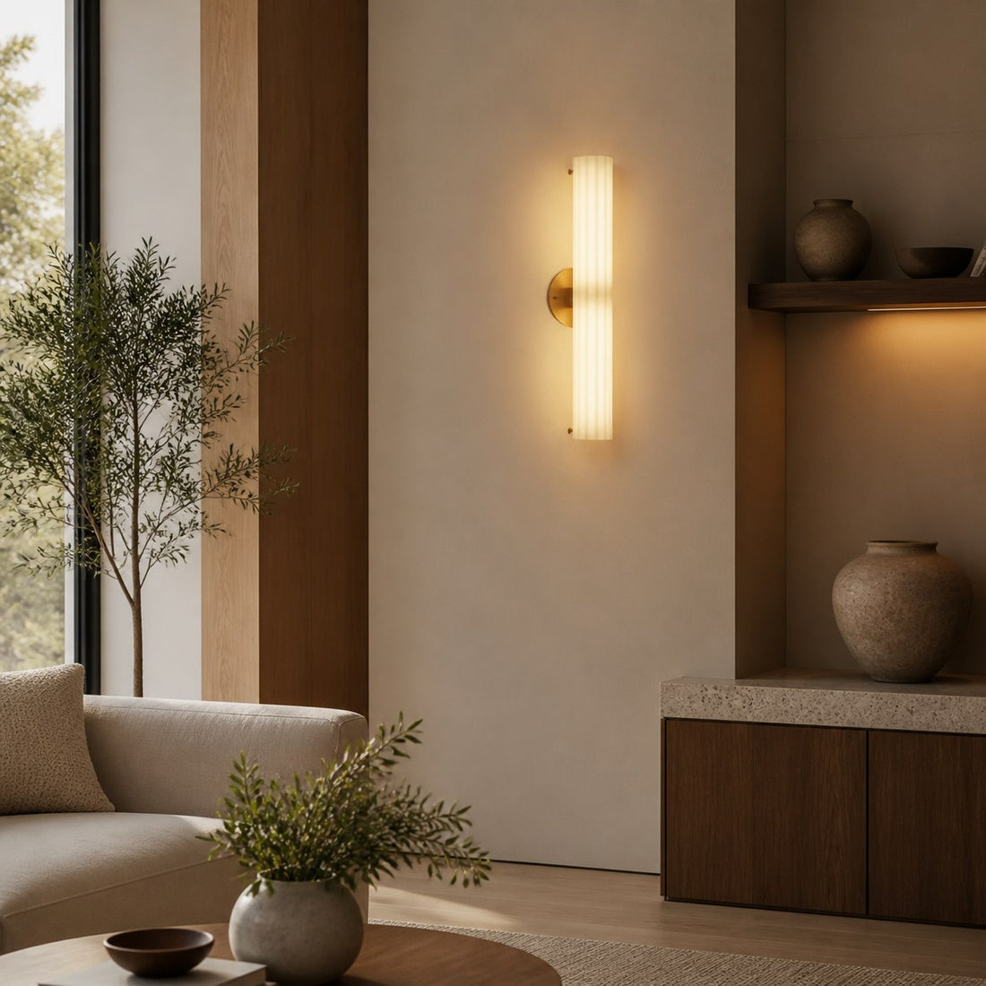 Trenia Steel Wall Sconce with Milky Glass Shade - Vertical Ribbed Design