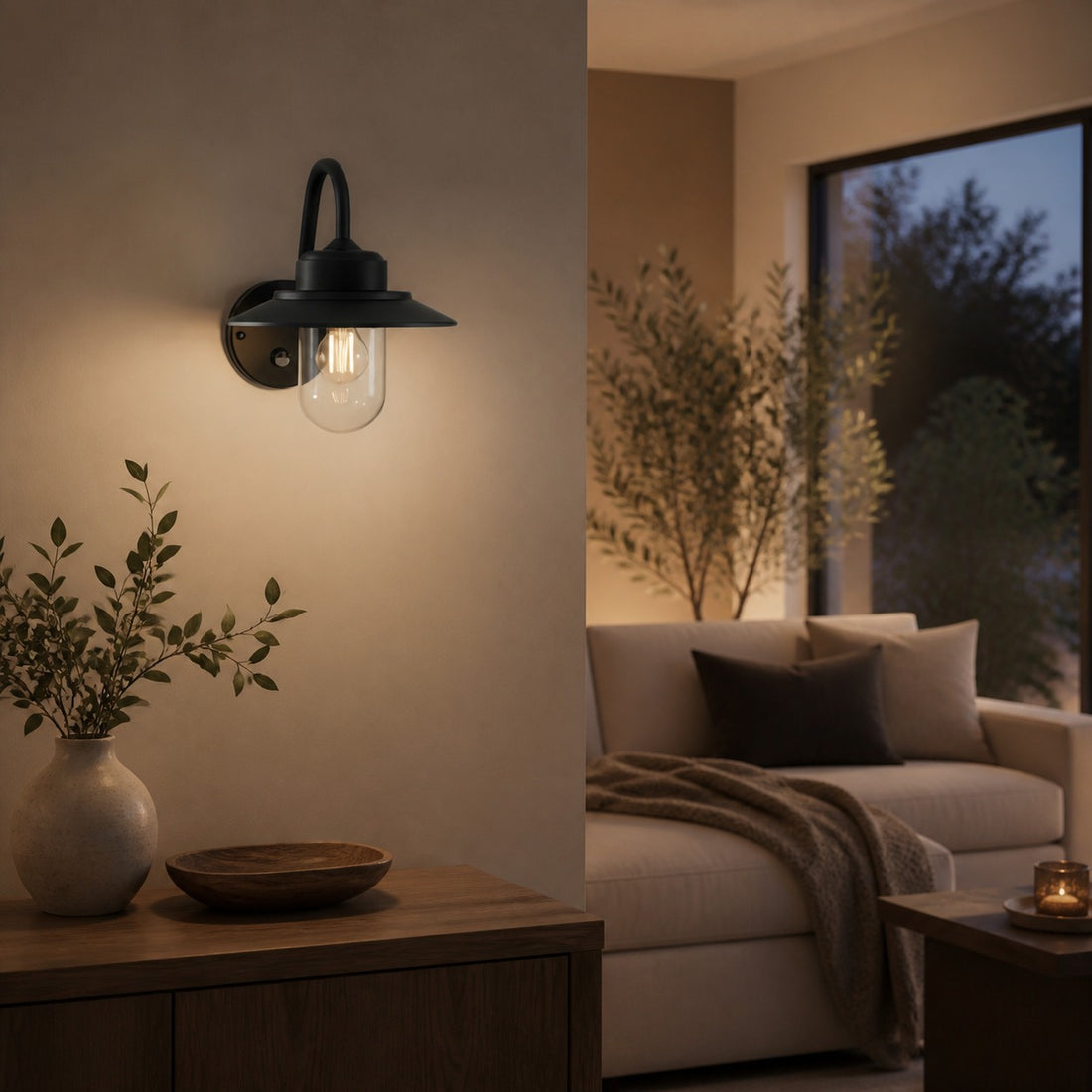 Trevanta Arched Arm Design Wall Light - Black Painted Sensor Lantern Style for Small Spaces