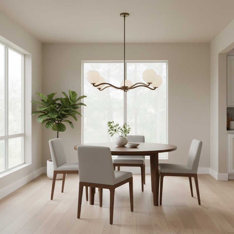 Shella Contemporary Five‑Globe Chandelier – Wood Metal Glass Pendant Lighting for Bedroom or Dining