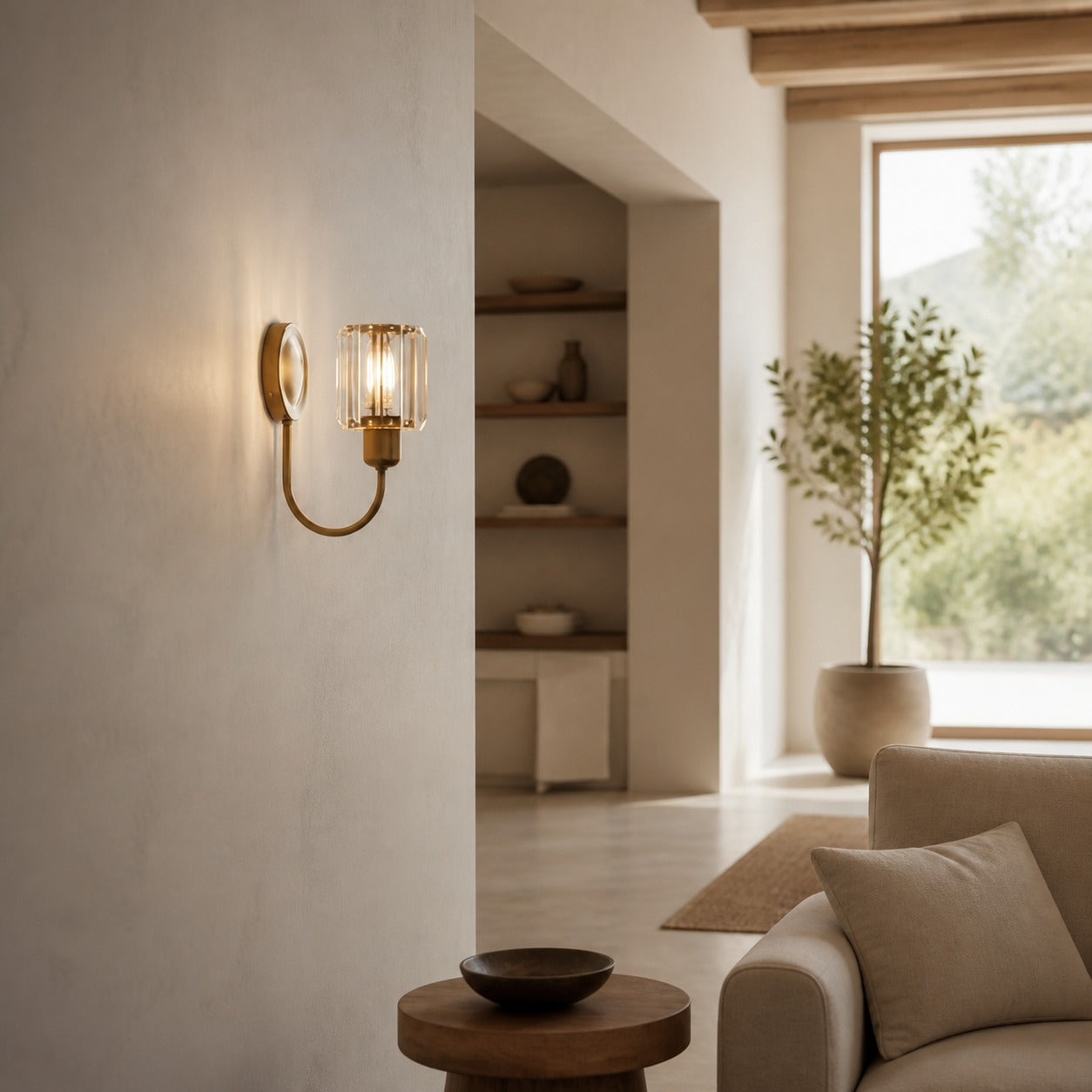 Tracian Wall Sconce - Curved Arm with Glass or Linen Shade for Bedroom