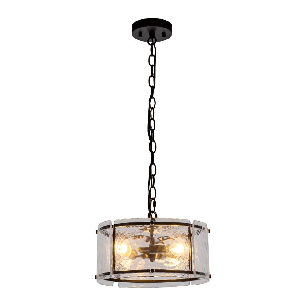 Water Ripple Drum Pendant Light - Matte Black Clear Glass 3-Light Chandelier