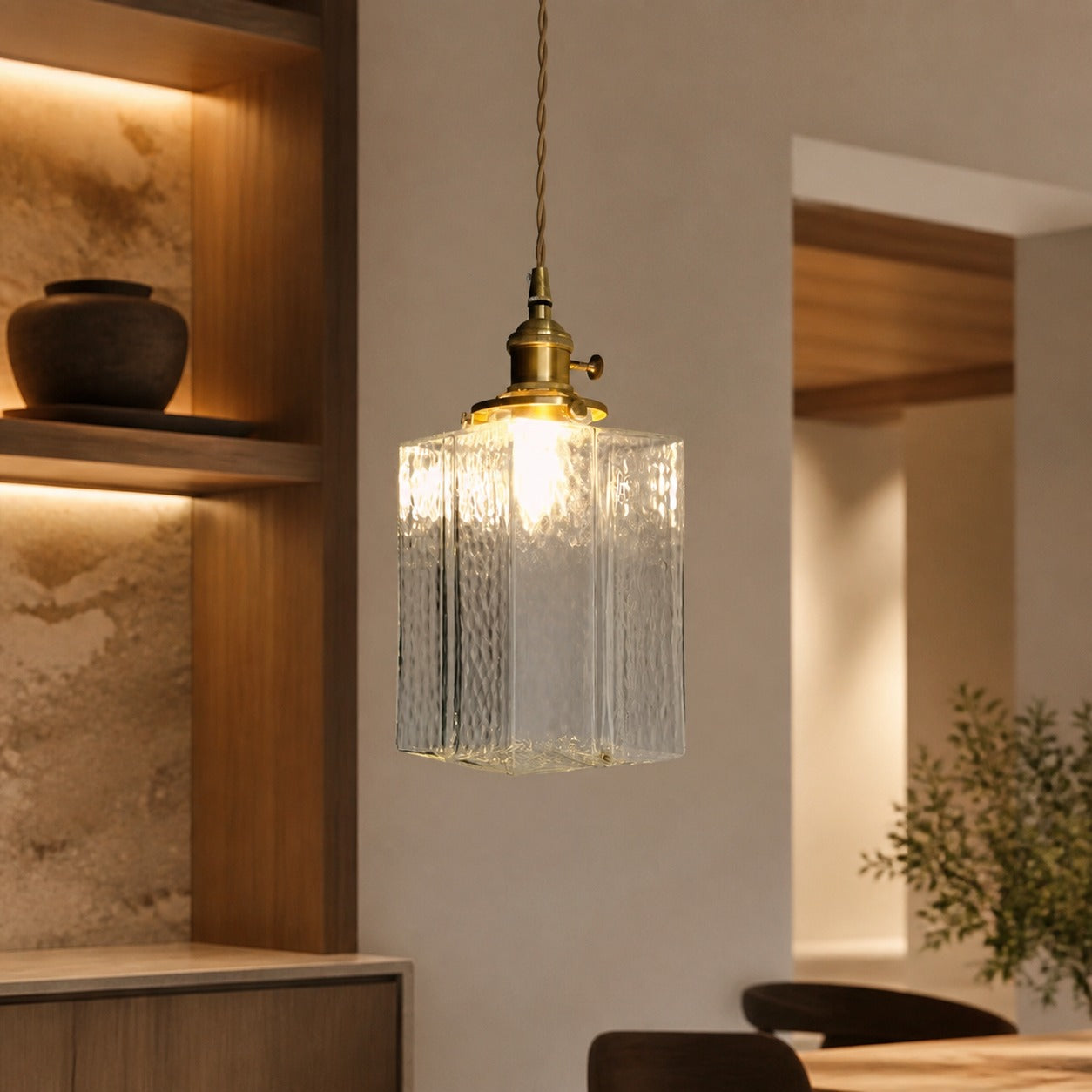 Traditional Vintage Square Rectangle Ripple Glass Iron 1-Light Pendant Light For Living Room