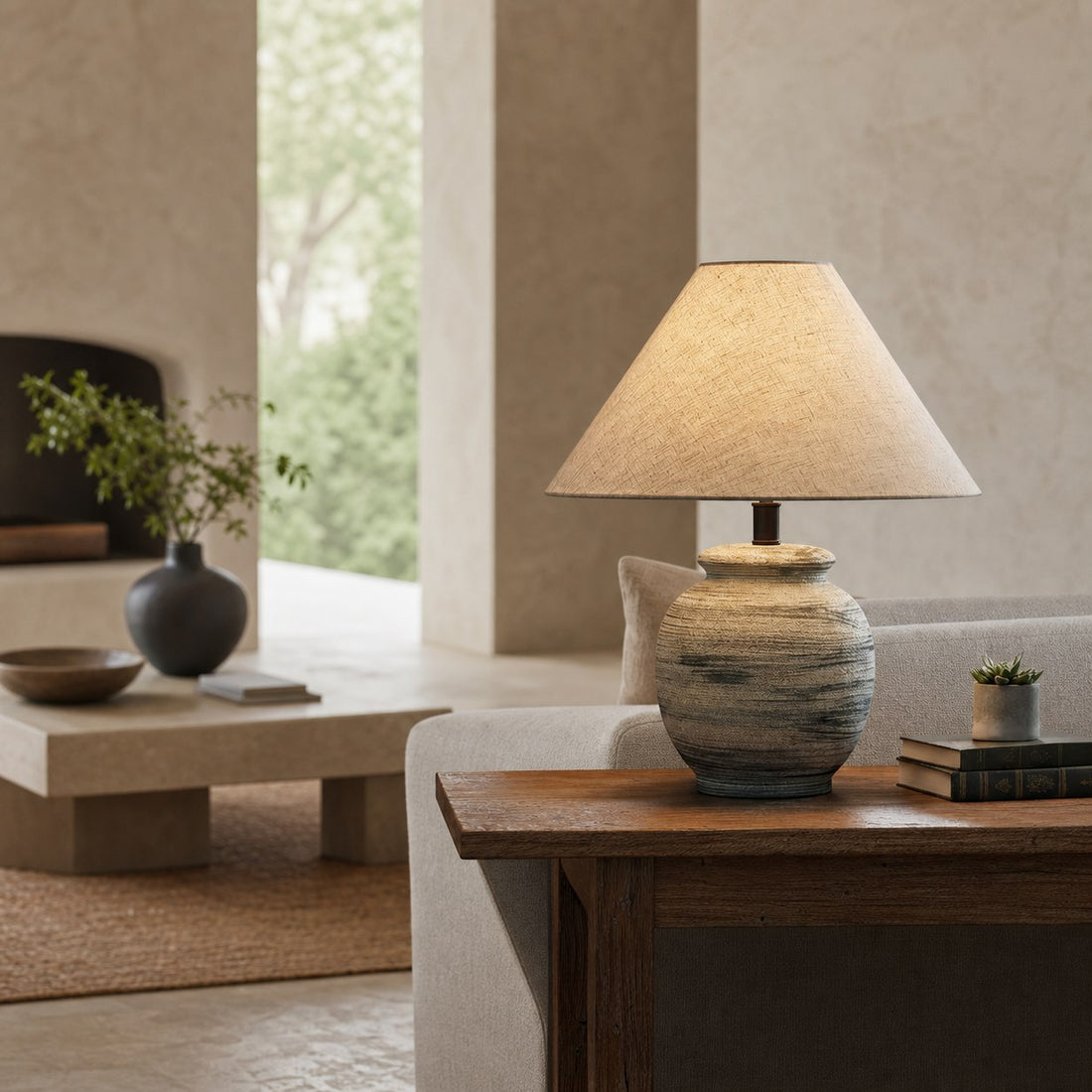 Ceravine Rustic Ceramic Base Table Lamp with Conical Fabric Shade – Elegant Accent Lighting for Home