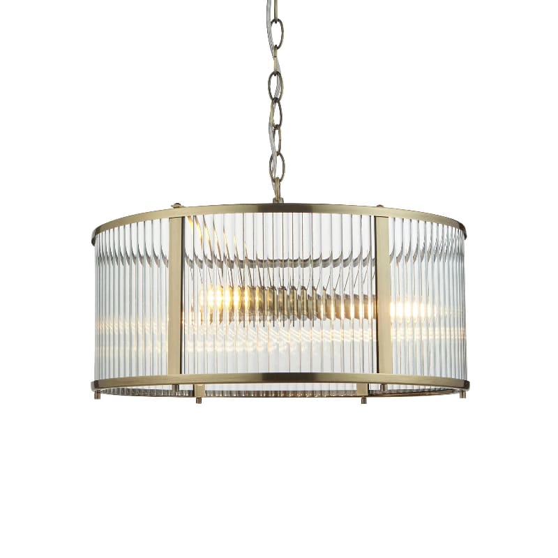 Ribbed Glass Brass Pendant Lamp - Antique Brass Light