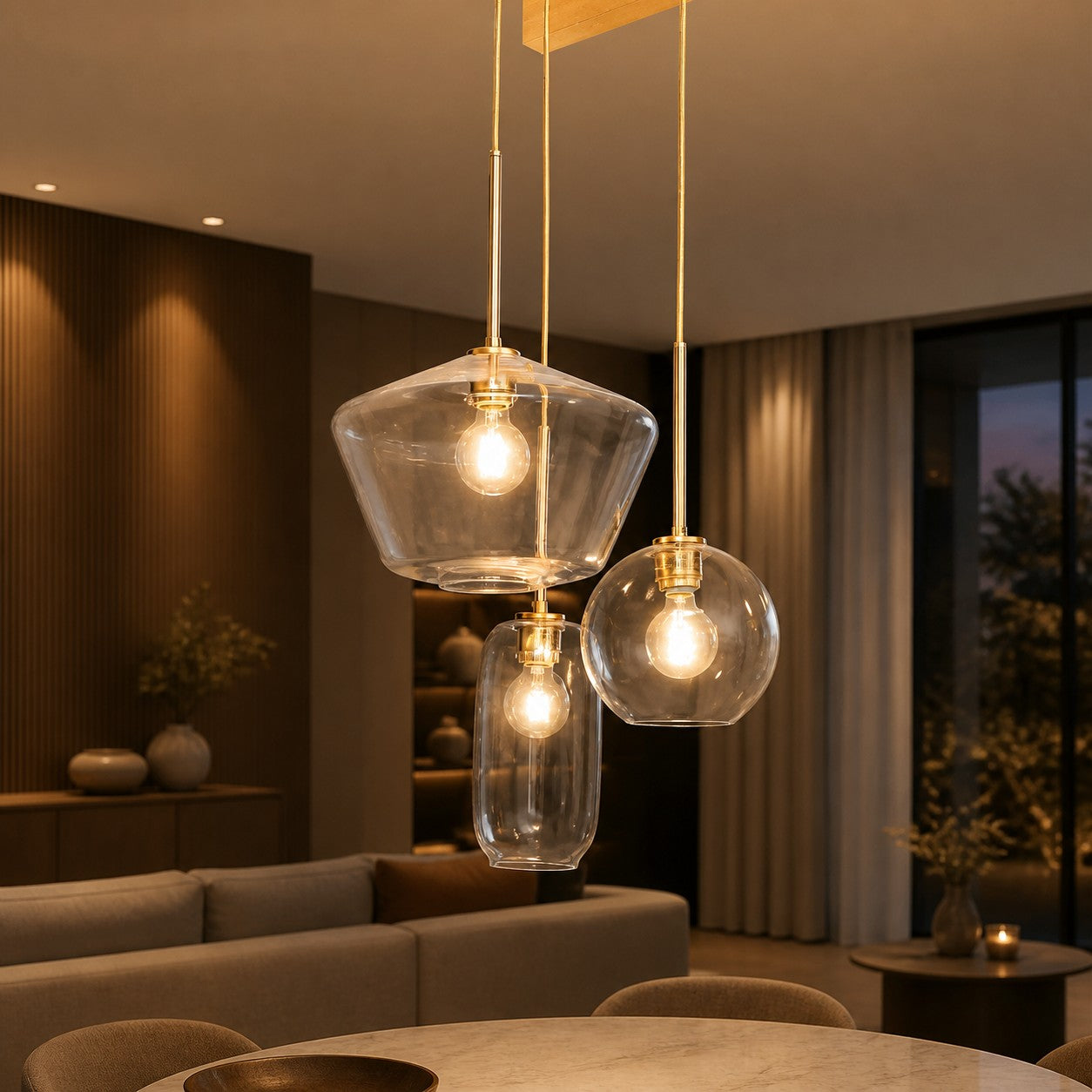 Merin Mixed Sculpture Glass and Metal Triple Chandelier