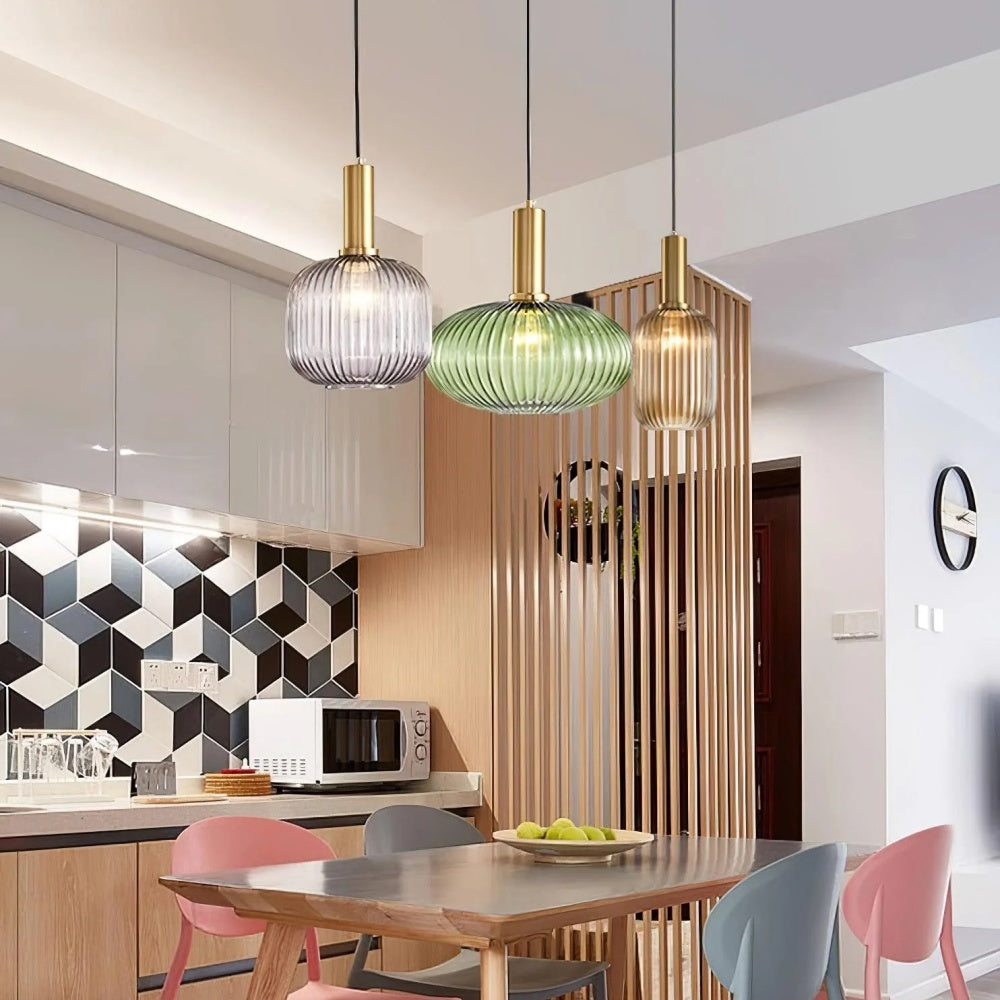 Ribbed Stained Glass Pendant Lamp – Retro Lantern Shape Hanging Light