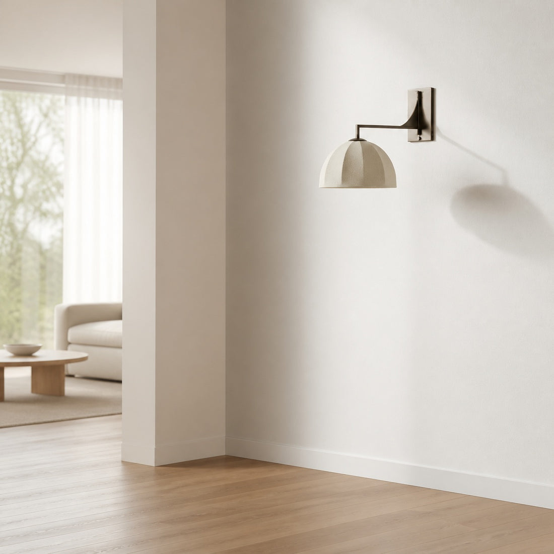 Lumarys Swing-Arm Sconce – Sculptural Linen Shade Wall Lamp in Organic Style for Living or Bedroom