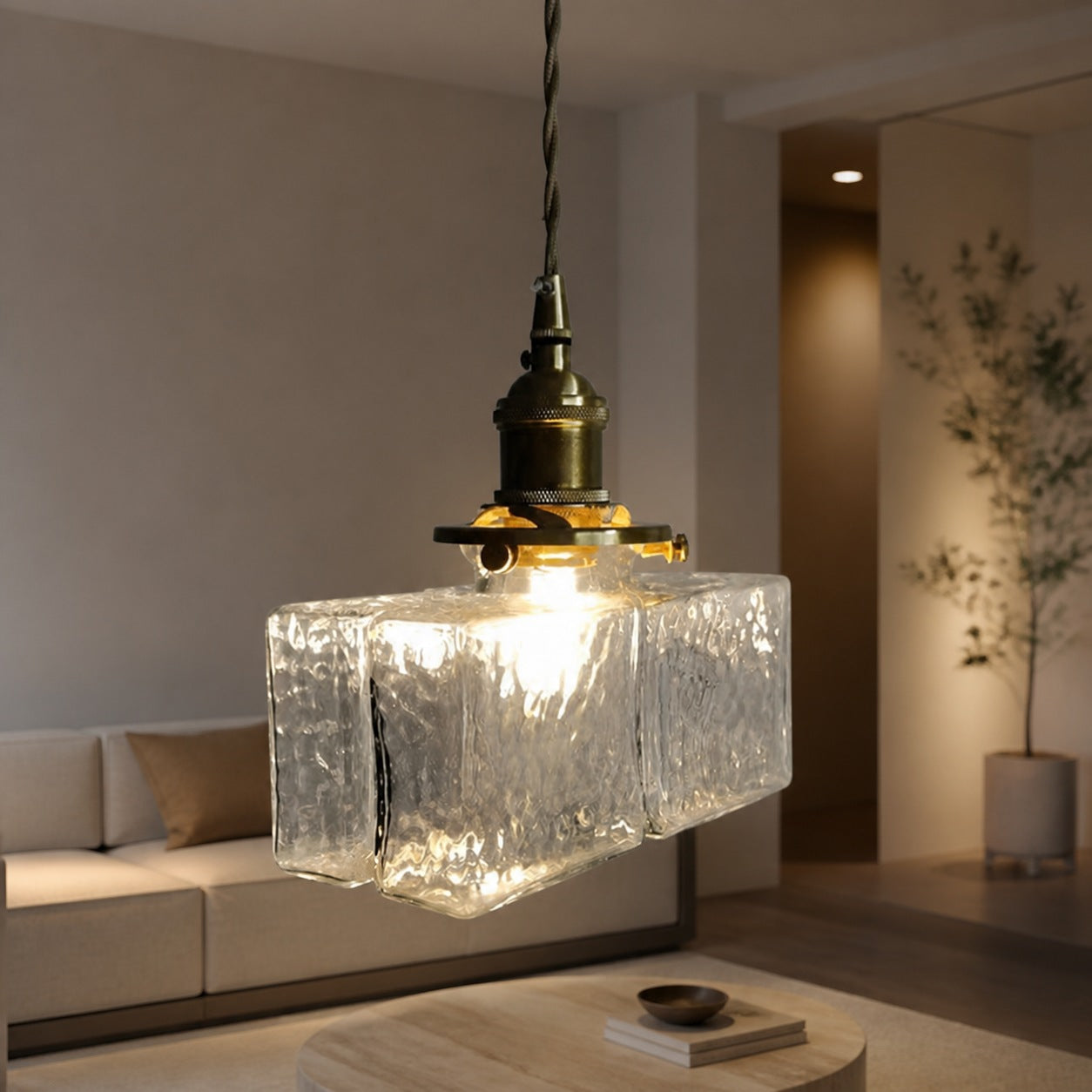 Traditional Vintage Square Rectangle Ripple Glass Iron 1-Light Pendant Light For Living Room