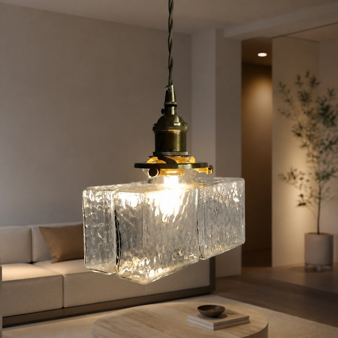 Traditional Vintage Square Rectangle Ripple Glass Iron 1-Light Pendant Light For Living Room