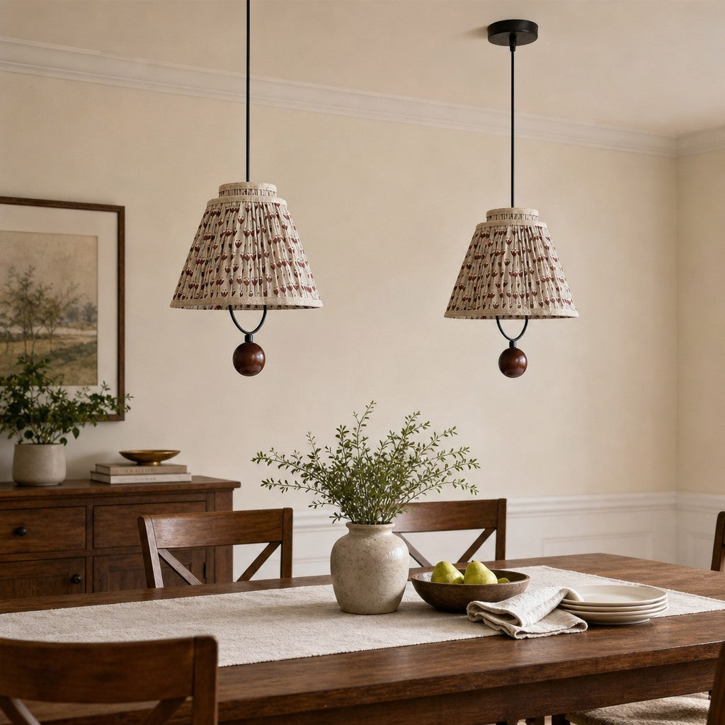 Solmire Fabric Pendant Light - Floral Pleated Shade with Wood and Iron Accents for Dining Room and Kitchen Island