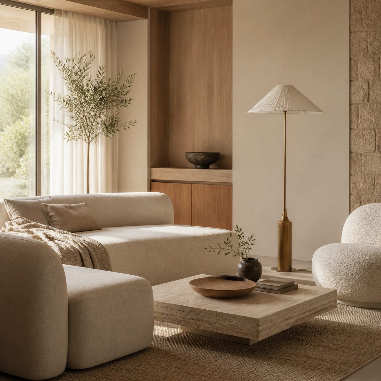 Lindi - aged brass and linen scalloped floor lamp