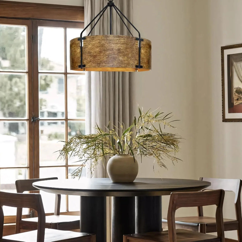 Industrial Bronze Drum Pendant Light – Rustic Metal 4 - Light Chandelier