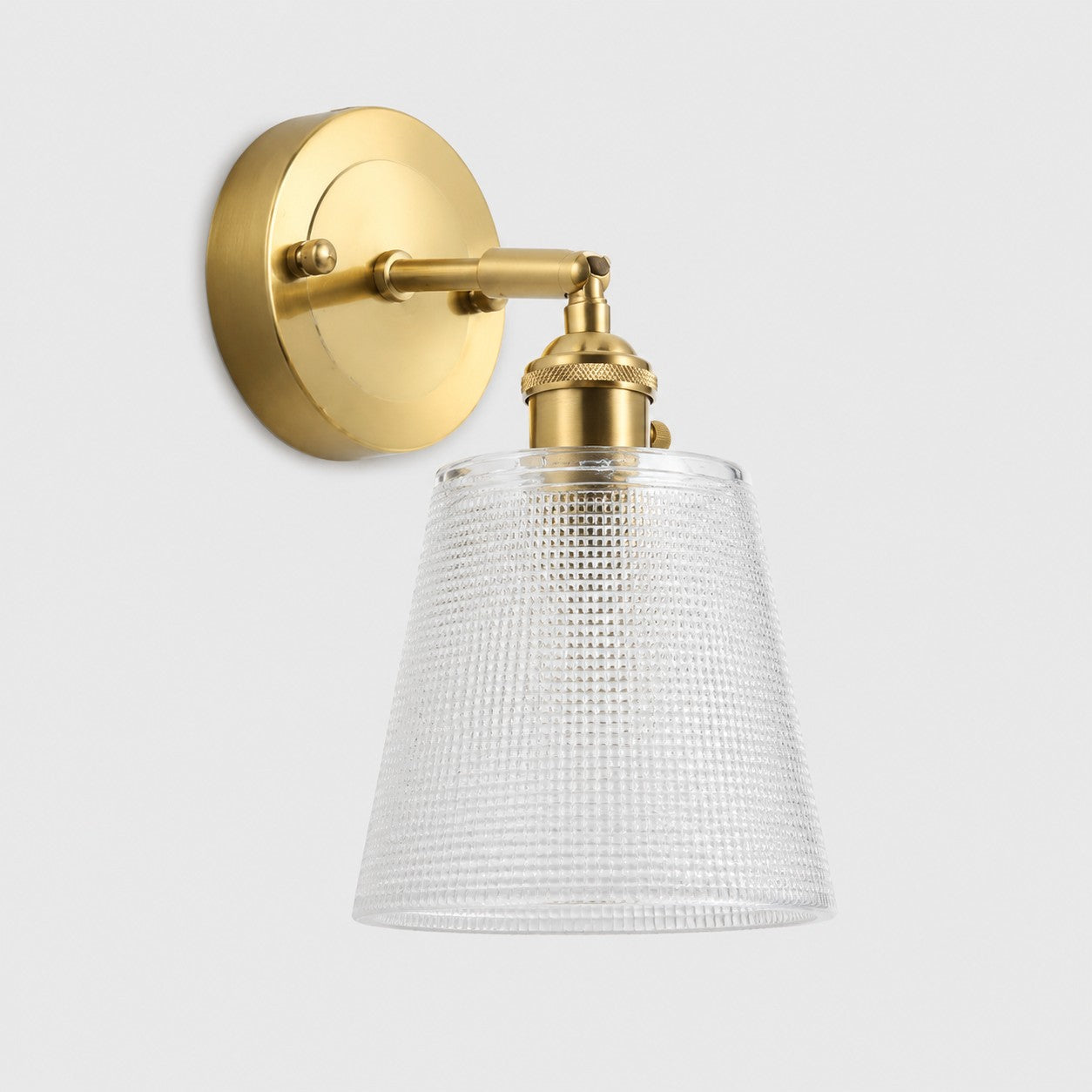 White glass wall light with brass arm, BZ shade 12 cm high and 13 cm diameter