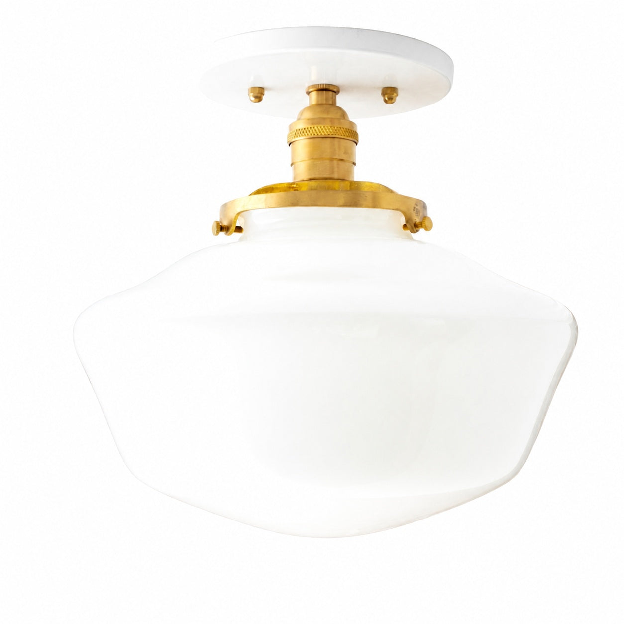 Geotower Glass Brass Ceiling Light - Opal Glass Schoolhouse Shade - Modern Elegance