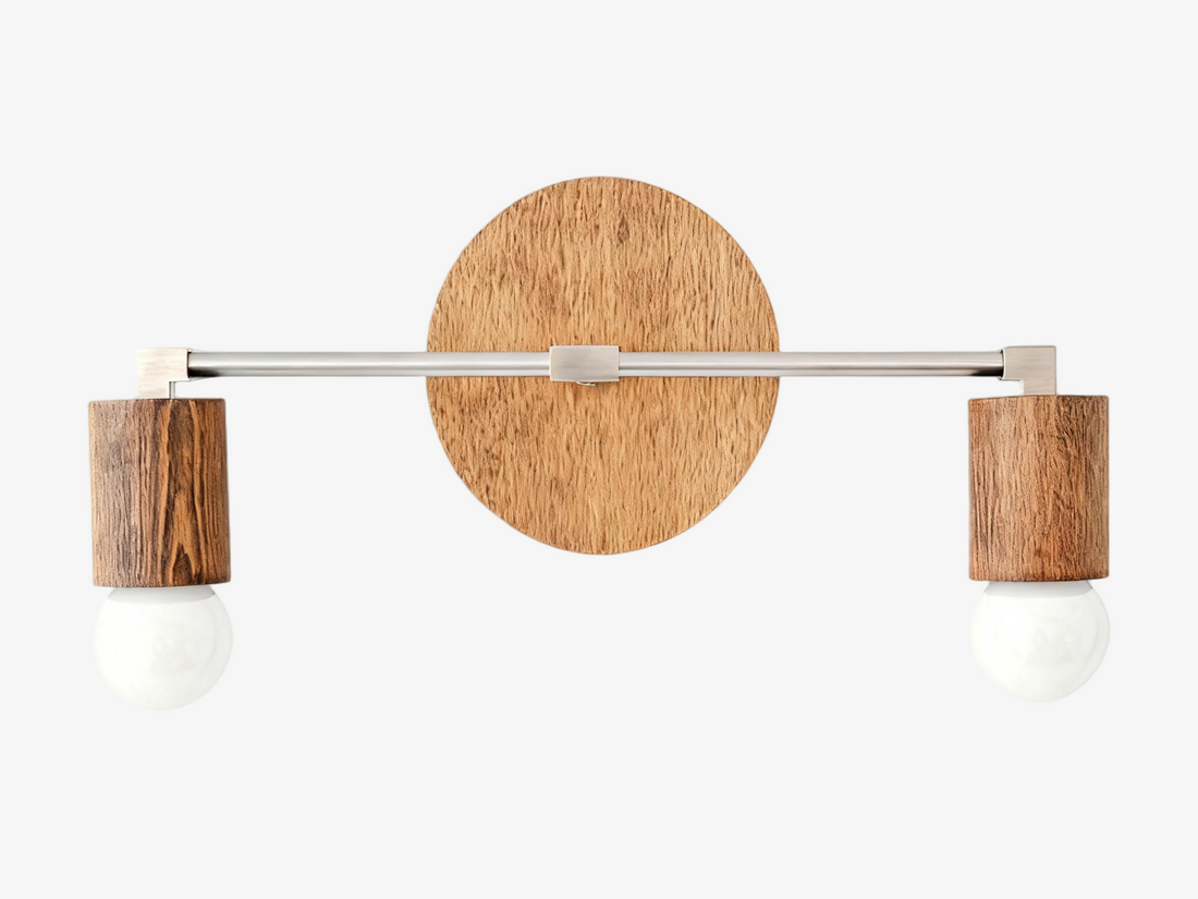 Lumen Woodgrain Frame Boho Wall Lamp – Multi Finish Vanity Lighting Solution