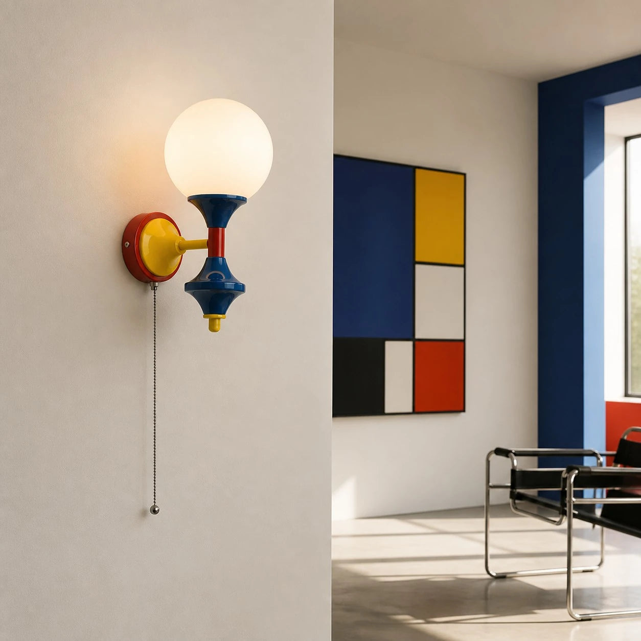 Style A color-block wall sconce with pull chain in a modern interior