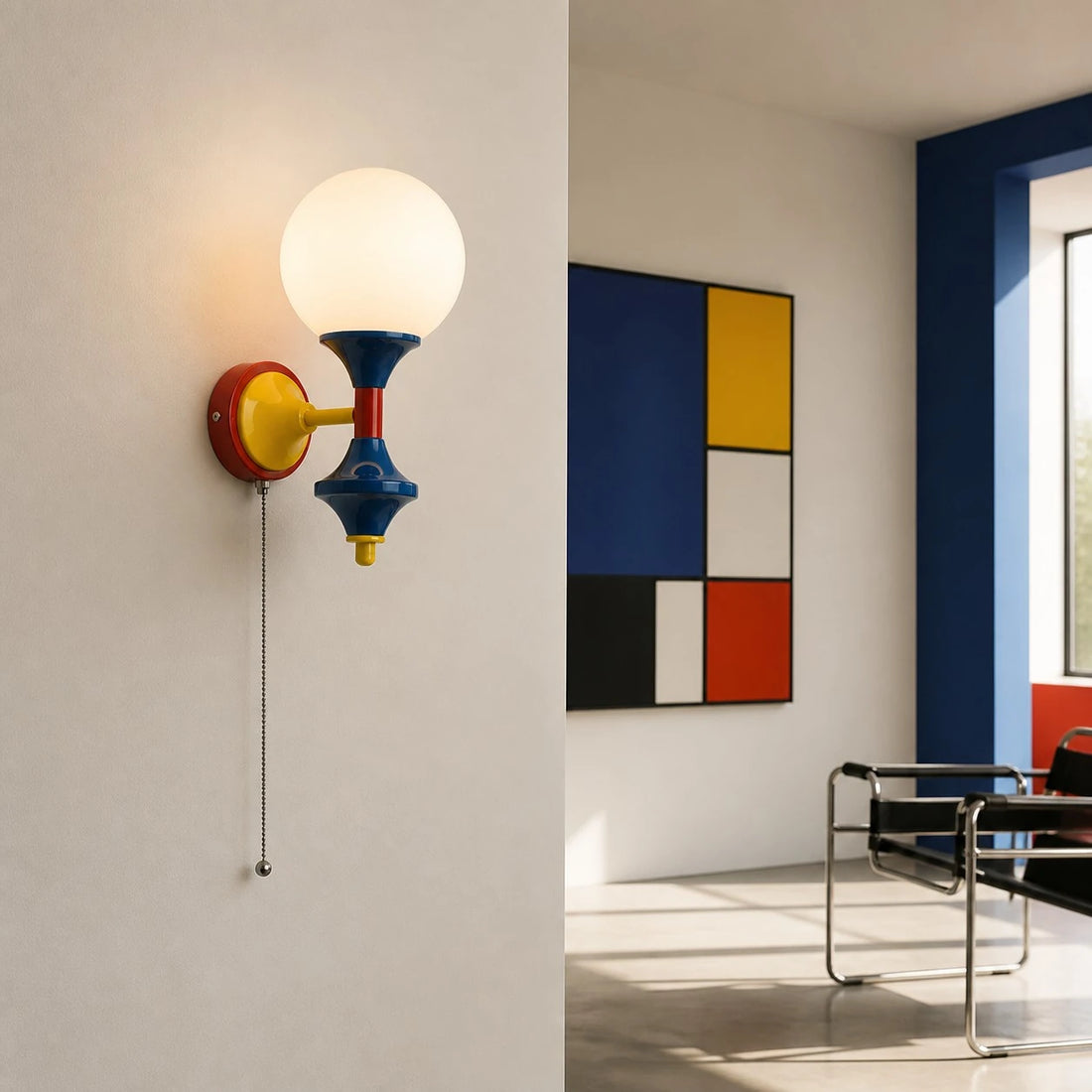Style A color-block wall sconce with pull chain in a modern interior