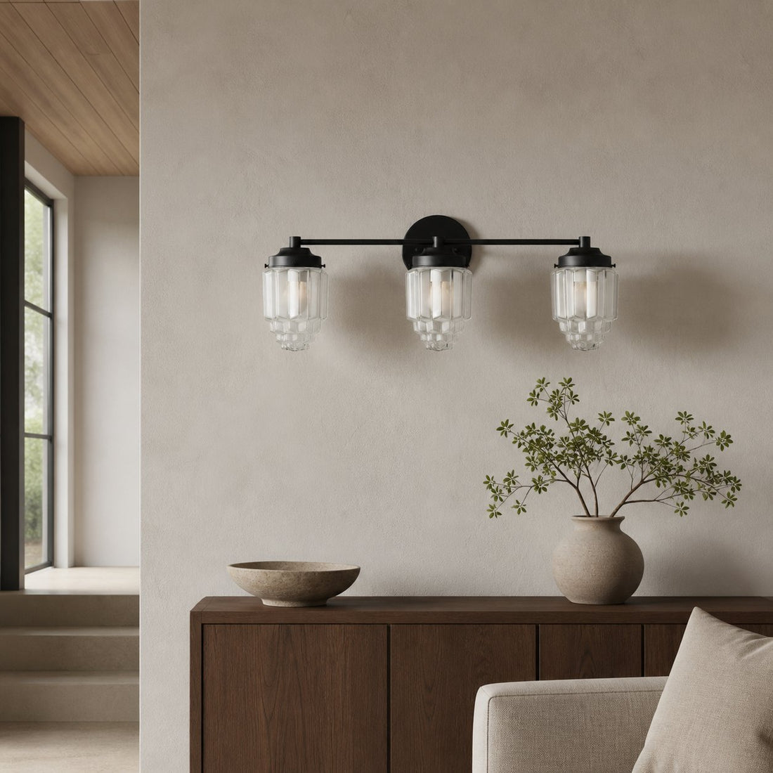 Tierlux Glass Vanity Light - Art Deco Bathroom Fixture with Skyscraper Shades