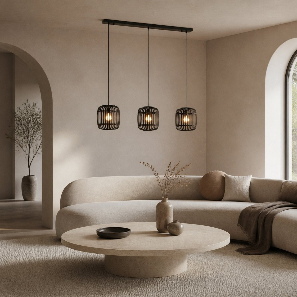 Yumeko Adjustable Bamboo Pendant Lamp - Natural Cage Ceiling Light Perfect for Living & Dining Rooms
