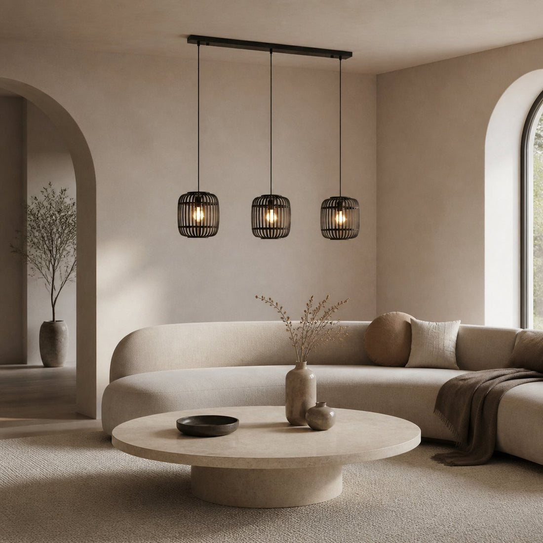 Yumeko Adjustable Bamboo Pendant Lamp - Natural Cage Ceiling Light Perfect for Living & Dining Rooms