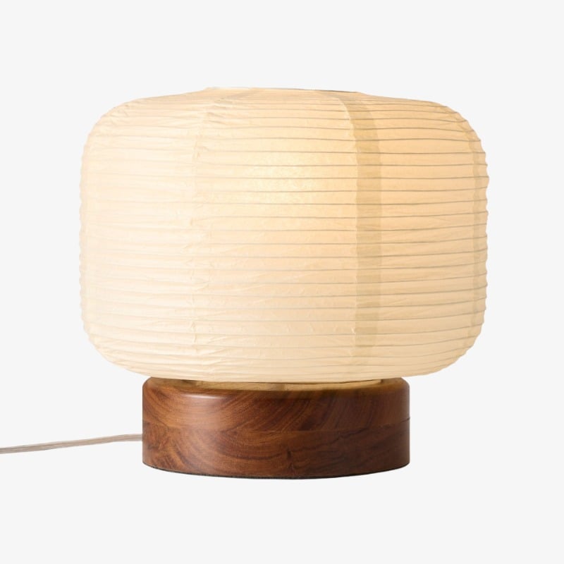 Tivo Japanese Ribbed Lampshade Compact Table Lamp - A minimalist paper lantern design with wood base