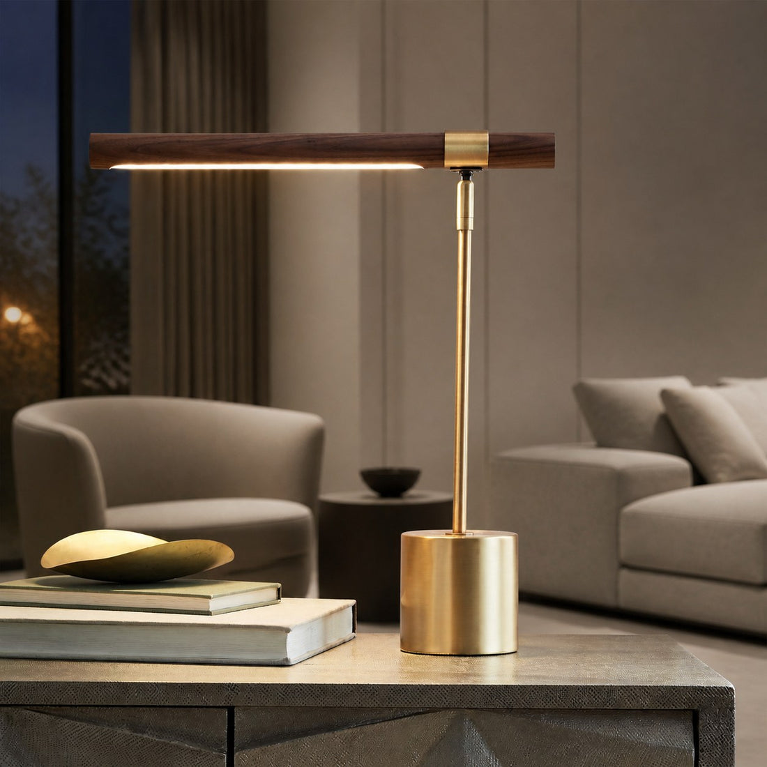 Moss Modern Linear Wood LED Table Lamp – Adjustable Swivel, USB Charging