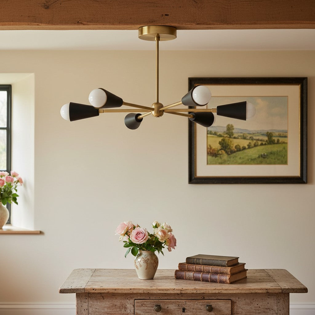 Pyralis Cone Semi Flush Brass Chandelier - Gold Modern Sputnik Light Fixture