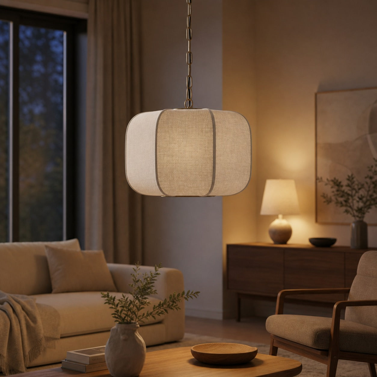 Loomis Tall Pendant – Textured Linen Shade Aged Brass Pendant for Dining Room and Kitchen