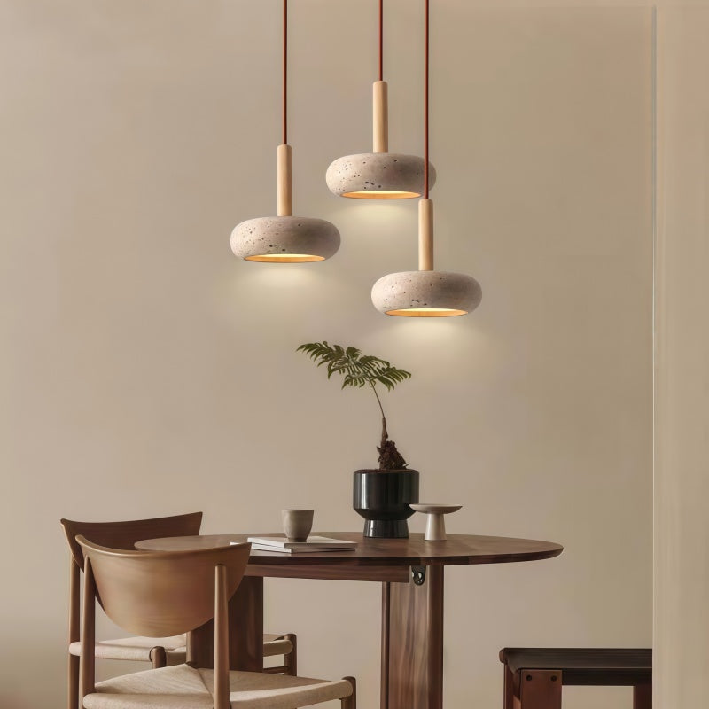 Traditional Japanese Round Wood Travertine Pendant Light