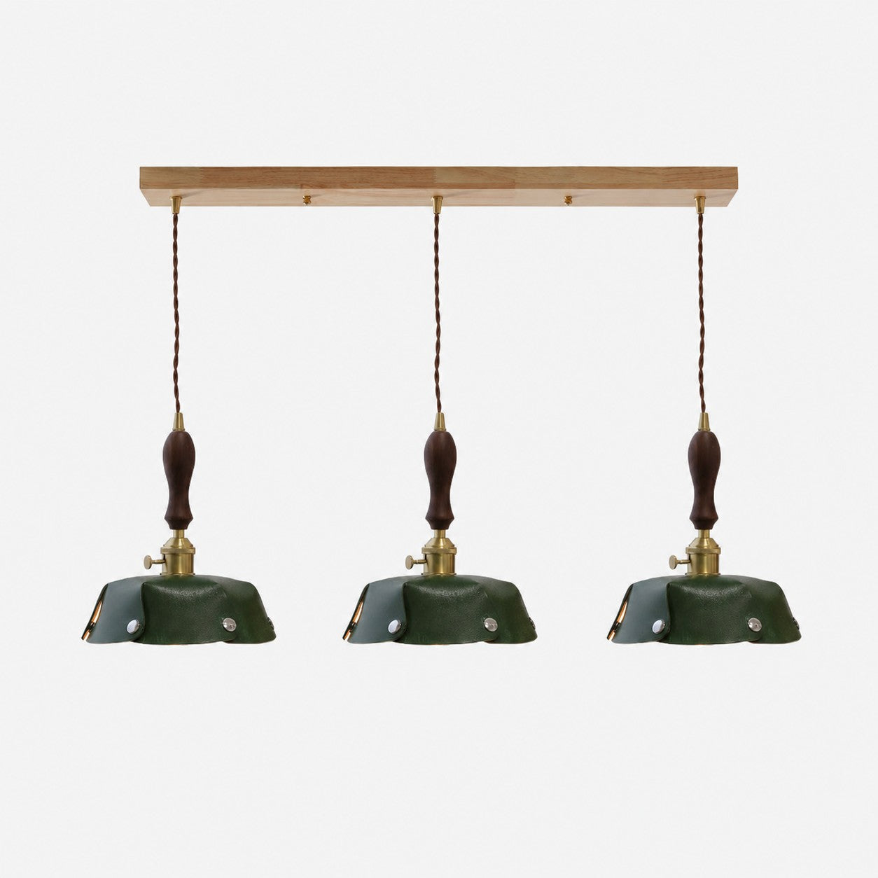 3-Light Linear Pendant Deep Green Leather Bar 60 cm / 23.6 in; Shade Dia. 20 cm / 7.9 in