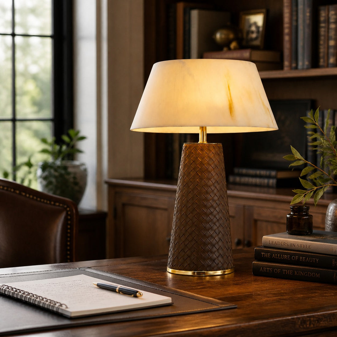 Woven leather table lamp illuminating a wood study desk