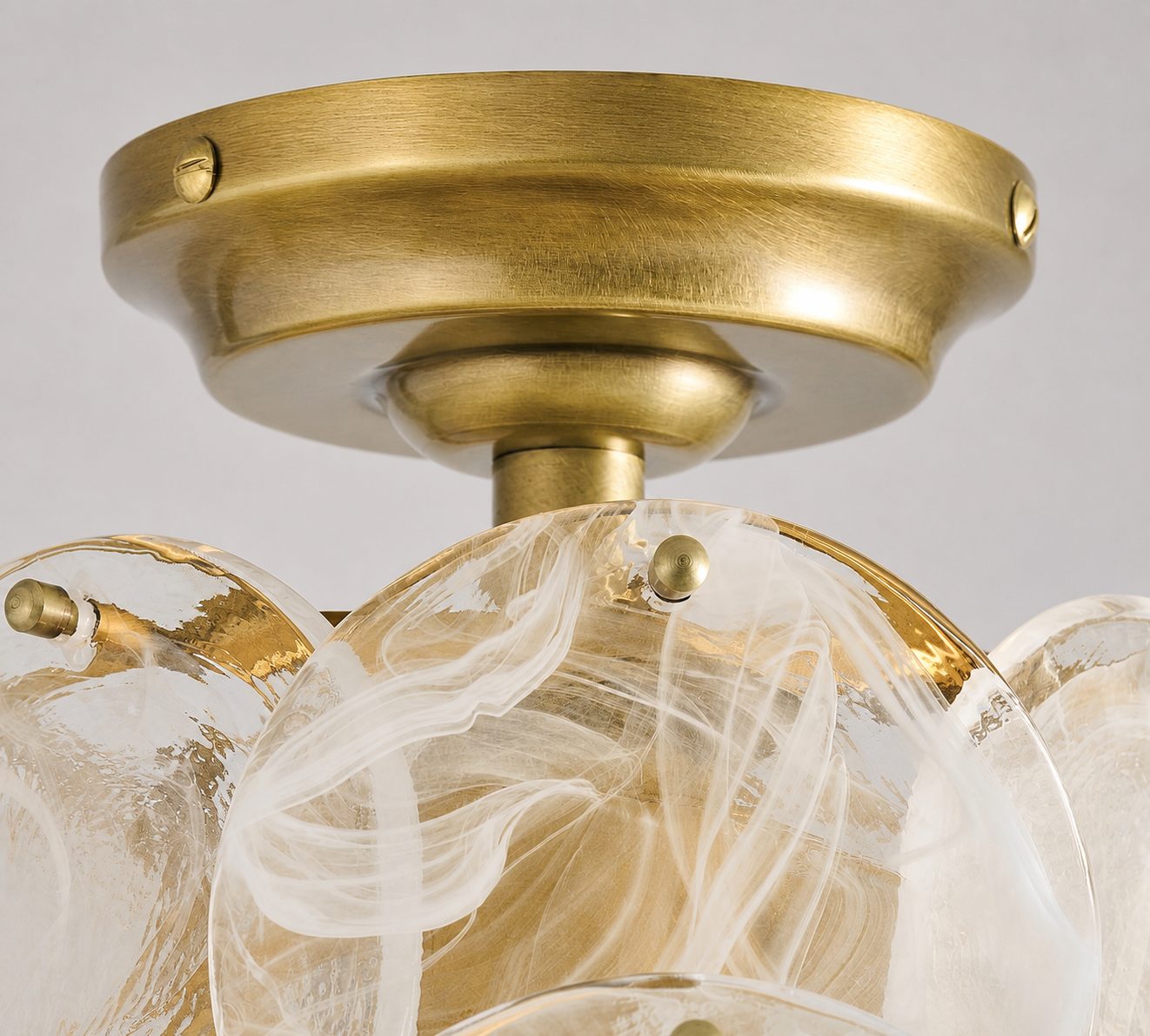 Sevra Cascading Glass Disc Round Flush Mount - Vintage Brass Ceiling Light