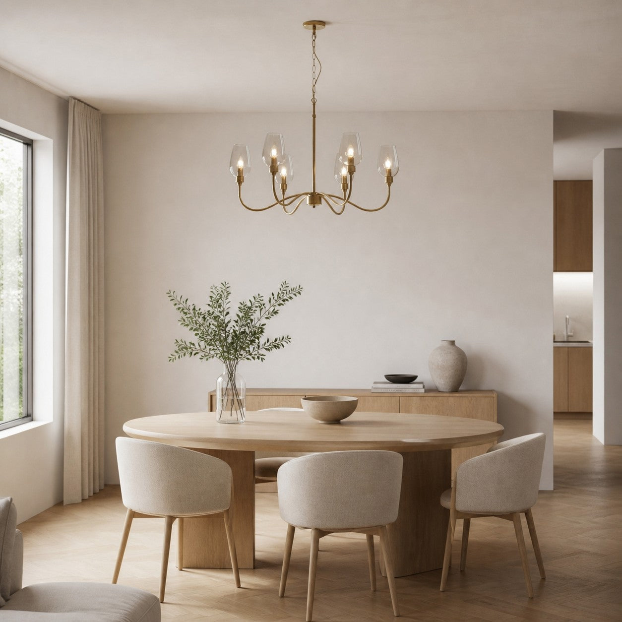 Clarione Art Deco 6-Light Linear Chandelier with Blown Glass Shades for Kitchen
