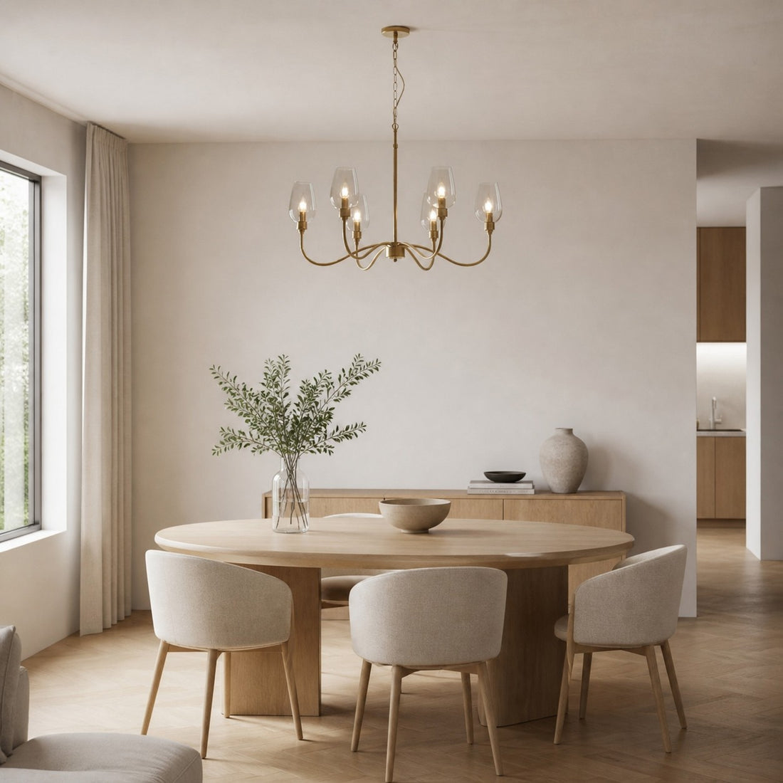 Clarione Art Deco 6-Light Linear Chandelier with Blown Glass Shades for Kitchen