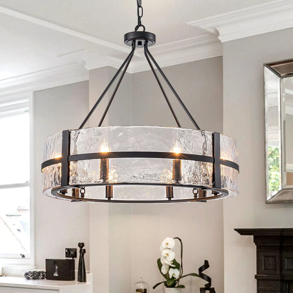 Modern Wide Drum Pendant Lamp – Clear Glass Chandelier For Living Room
