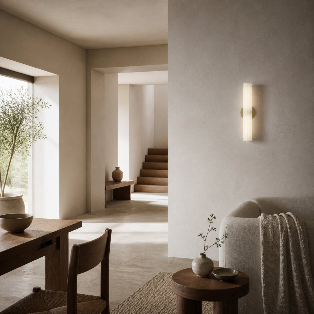 Trenia Steel Wall Sconce with Milky Glass Shade - Vertical Ribbed Design