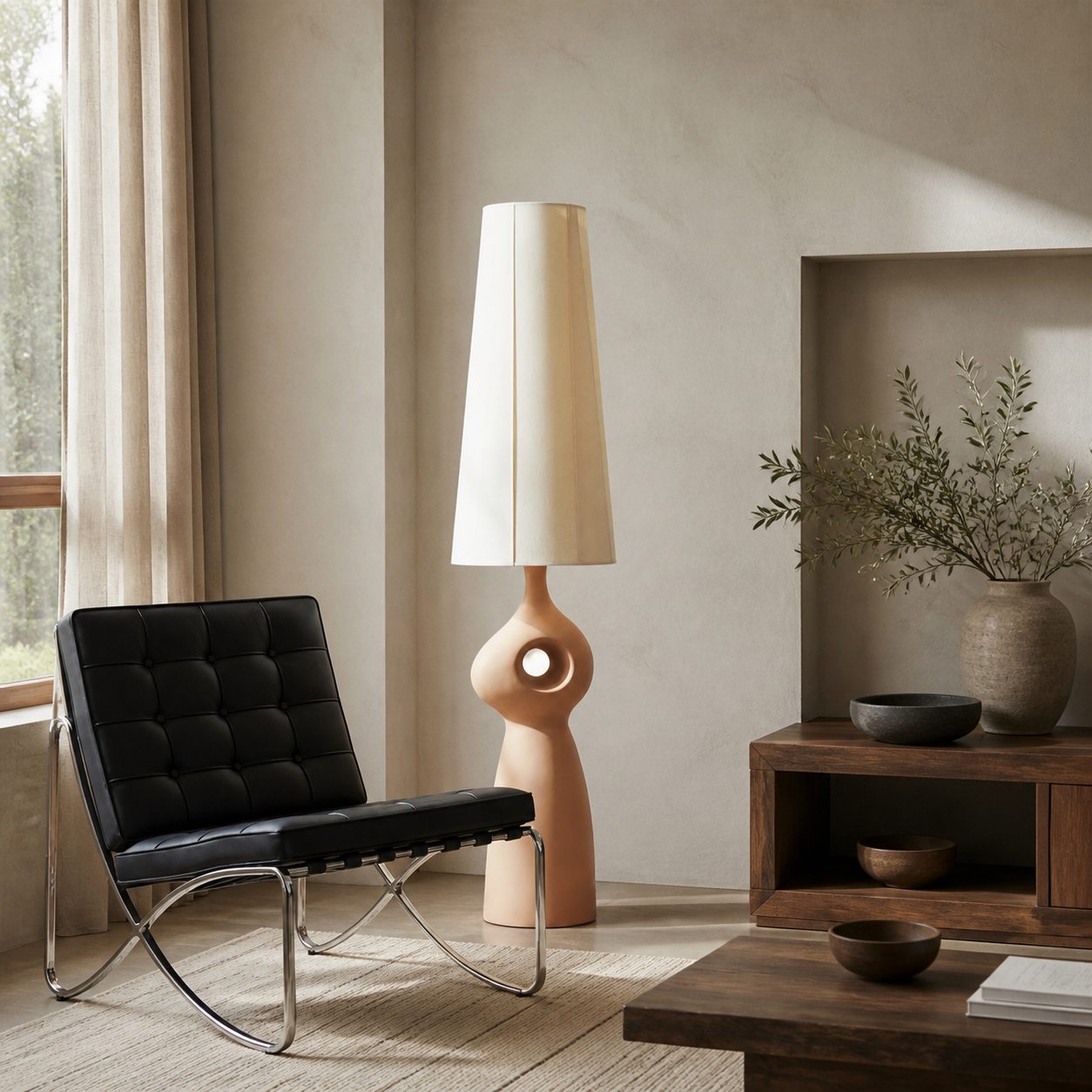 Pryssa Sculptural Ceramic Floor Lamp - Ivory Linen Shade for Living Room Accent