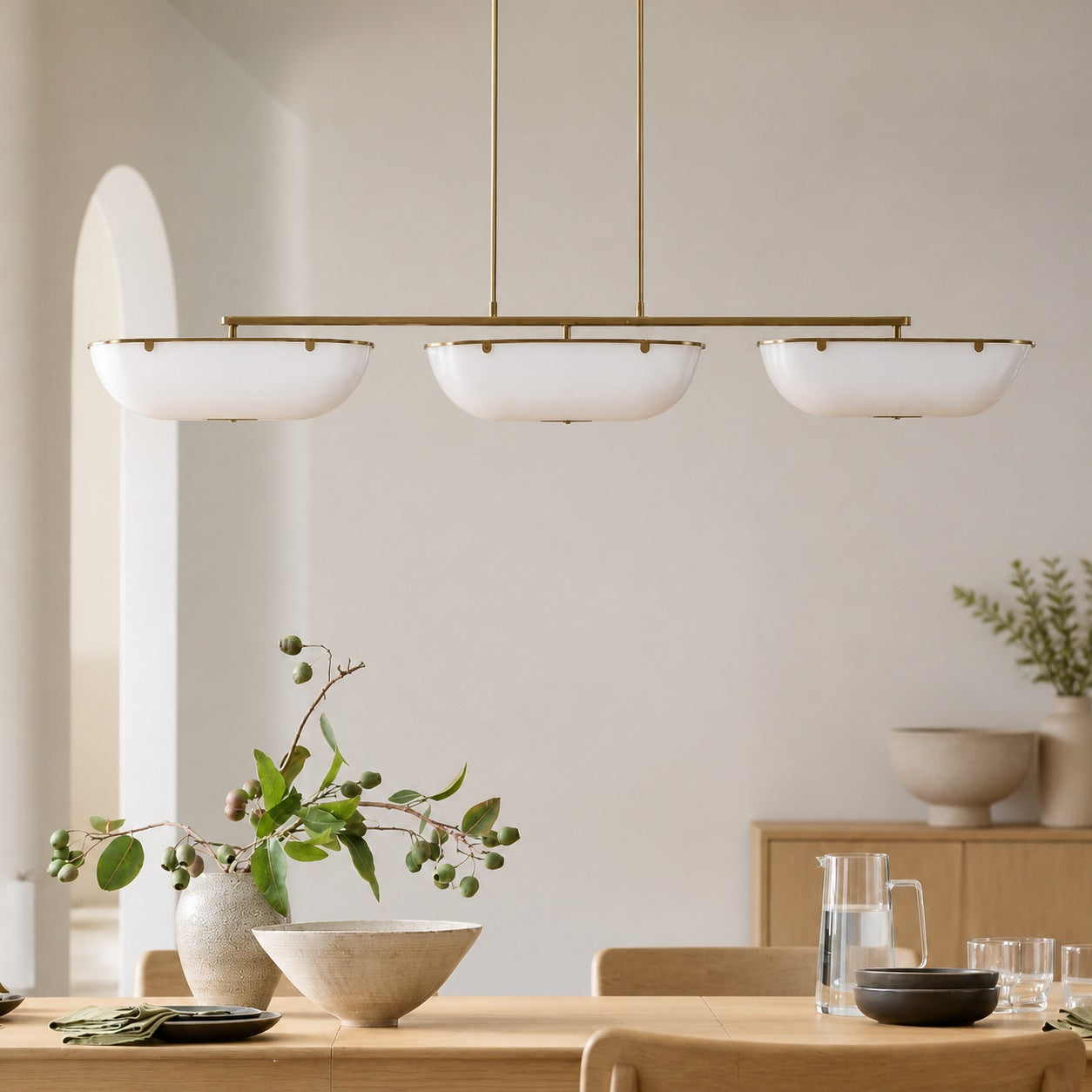 Ferosa Boat-Shaped Lampshade Linear Chandelier - Antique Brass with Milk Glass