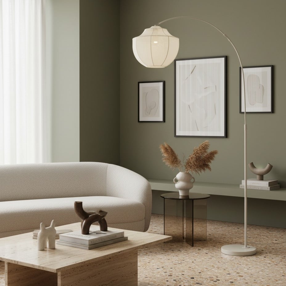 Lumifil Arc Floor Lamp Textile Mesh Shade - Metal Stand for Soft Ambient Living Room Lighting