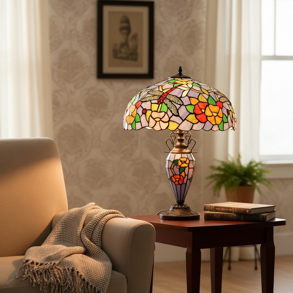 TF Keswick Dragonfly Tiffany Table Lamp – Handcrafted Stained Glass Shade for Living Room or Bedroom