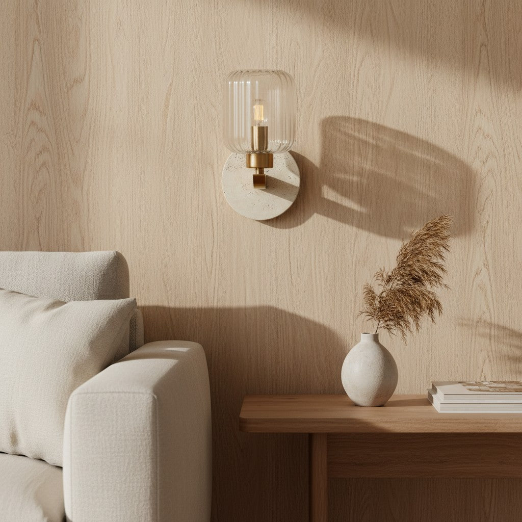 Korlisse Modern Marble Wall Light - Vintage Brass & Clear Glass Accent for Living Room and Hallway