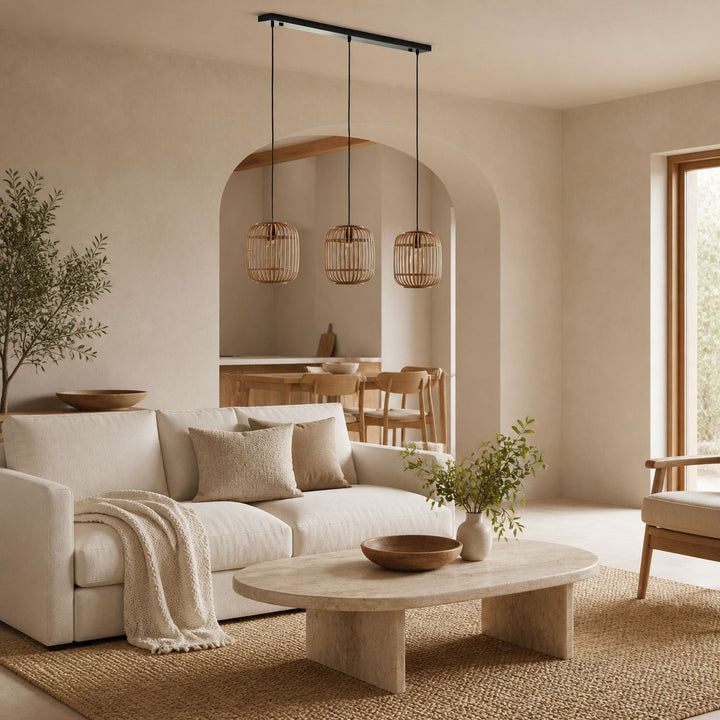 Yumeko Adjustable Bamboo Pendant Lamp - Natural Cage Ceiling Light Perfect for Living & Dining Rooms