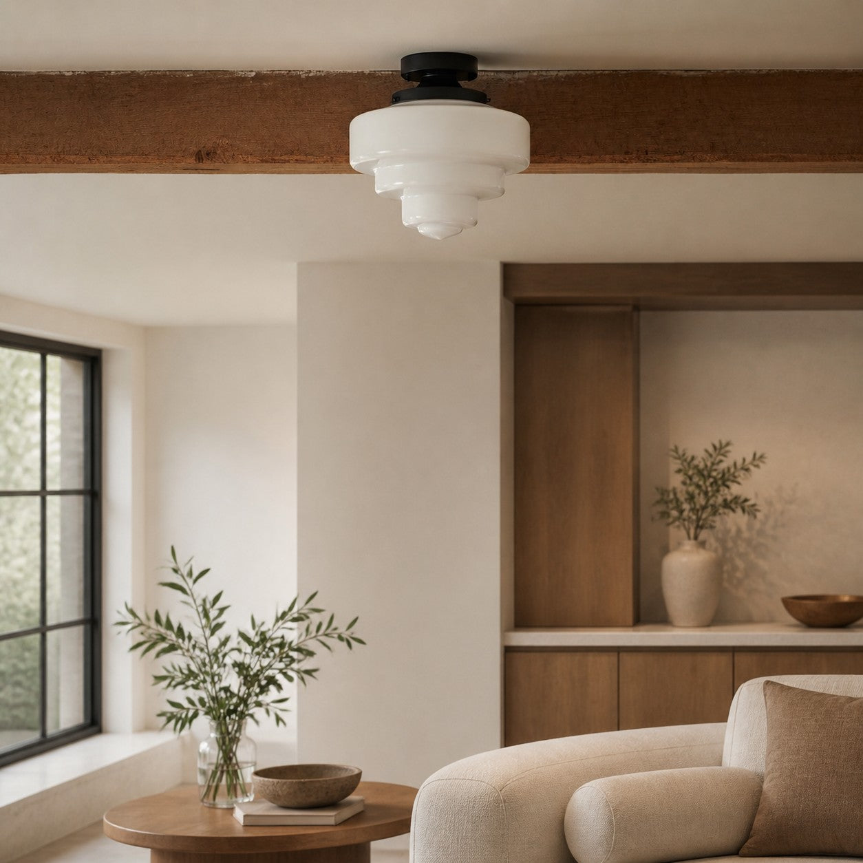 Geotower Glass Brass Ceiling Lamp – Handblown Opal Glass Globe Light