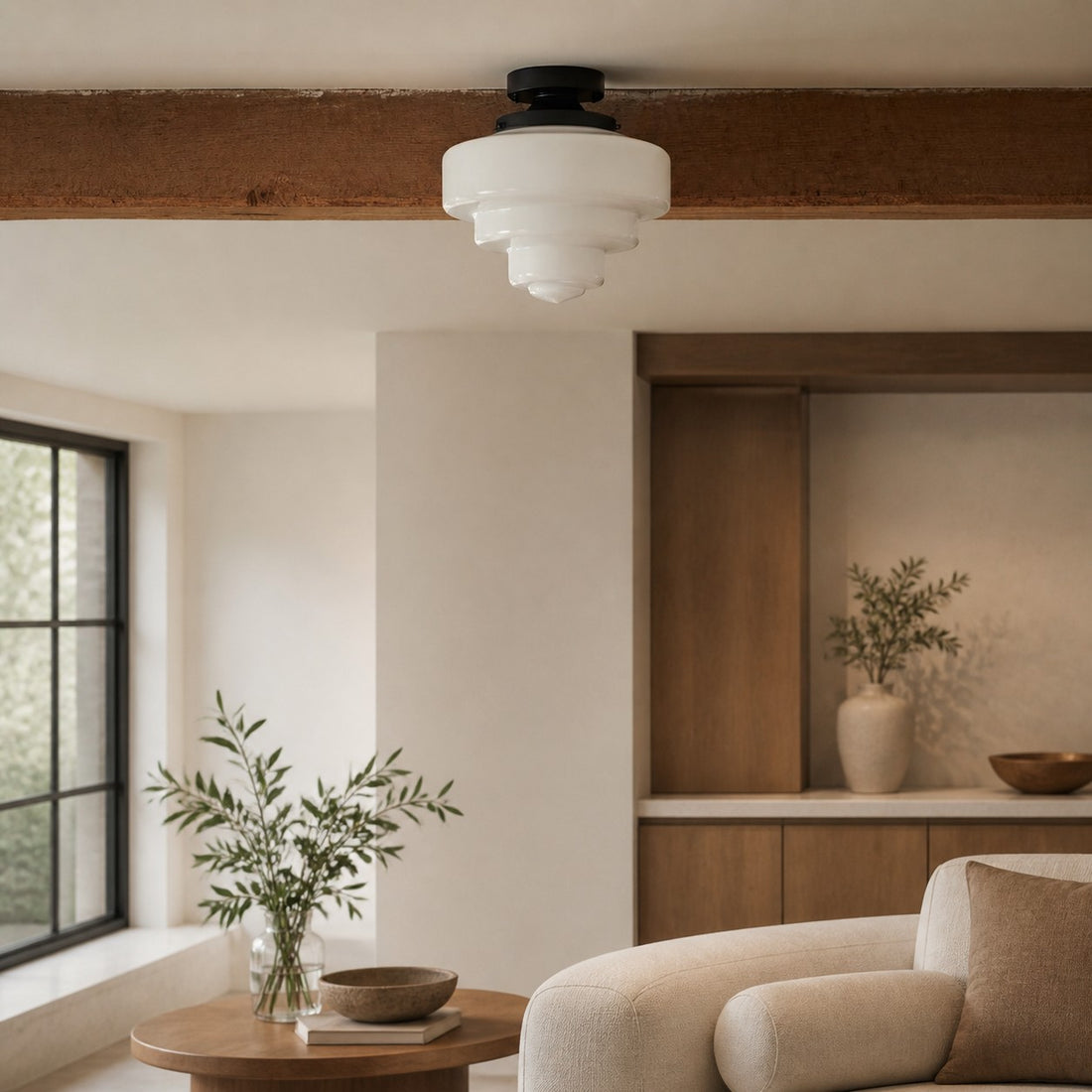 Geotower Glass Brass Ceiling Lamp – Handblown Opal Glass Globe Light