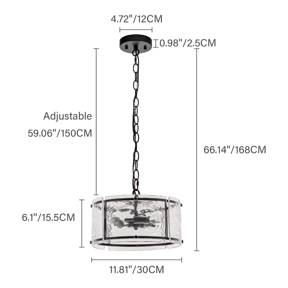 Water Ripple Drum Pendant Light - Matte Black Clear Glass 3-Light Chandelier
