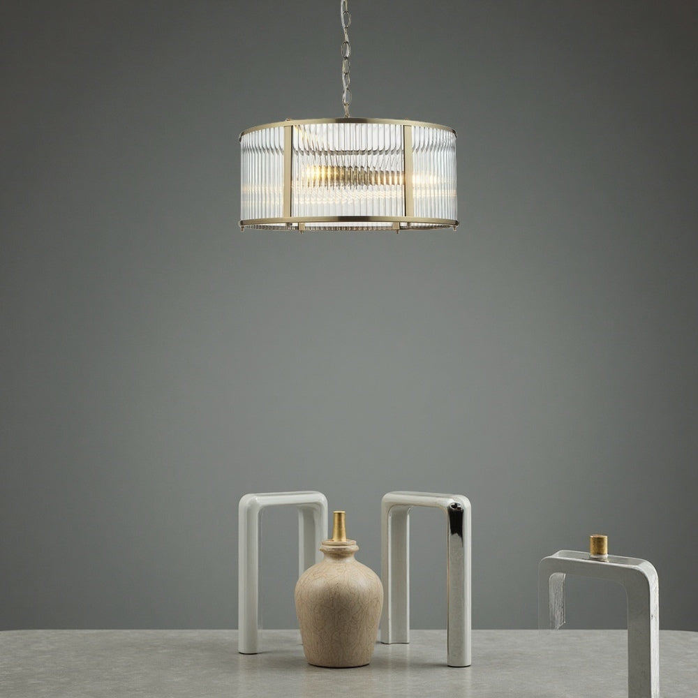Ribbed Glass Brass Pendant Lamp - Antique Brass Light